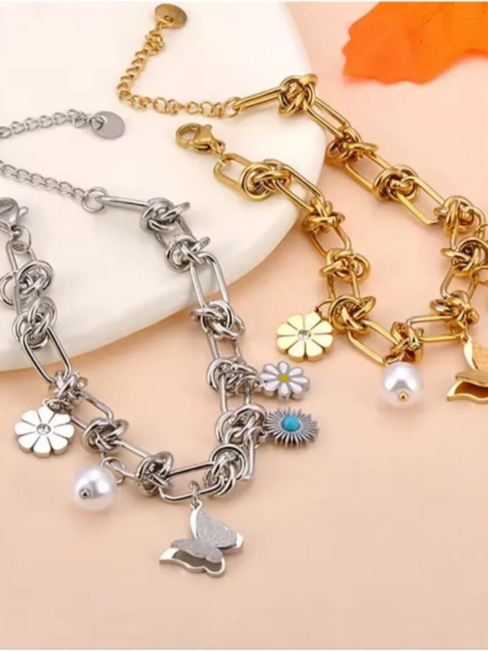 Gold Charm Link Bracelet with Butterfly, Daisy & Pearl Charms | Stainless